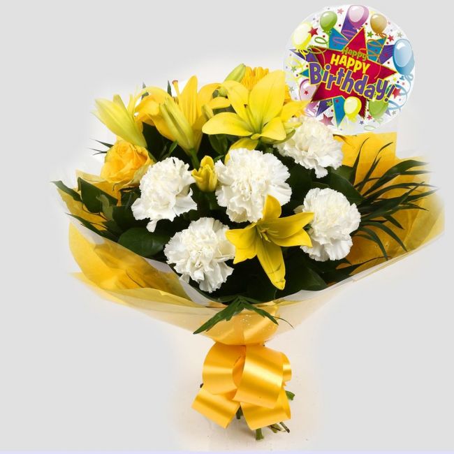 Birthday Balloon & Golden Sunshine Flowers
