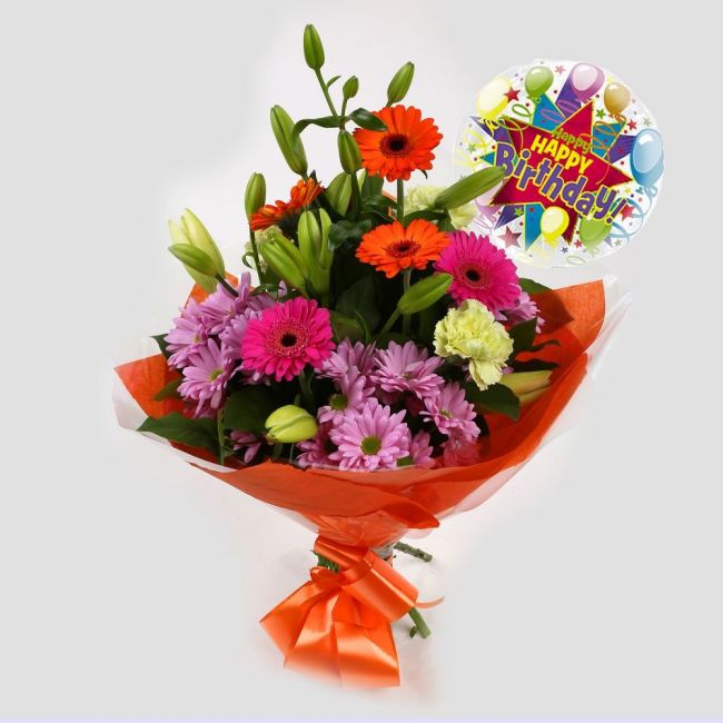 Birthday Balloon & Burst Bouquet Flowers