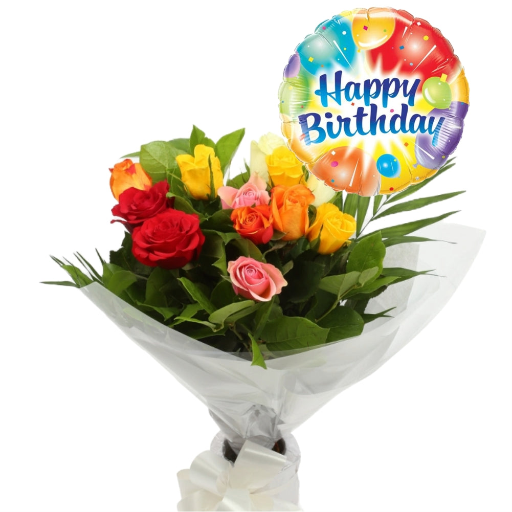 Birthday Balloon & 12 Roses Flowers