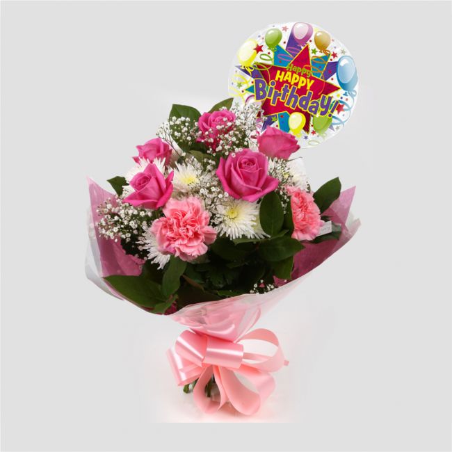 Birthday Balloon & Strawberry Blush Flowers