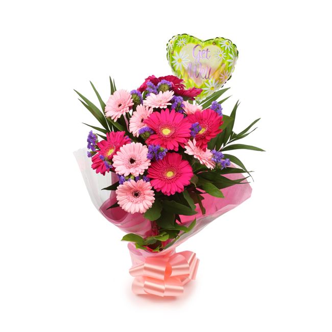 Get Well Balloon & Gerbera Blush Flowers