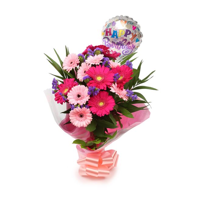 Birthday Balloon & Gerbera Blush Flowers