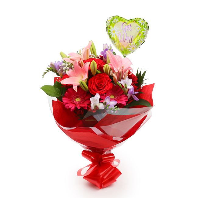 Get Well Balloon & & Pink Delight Flowers