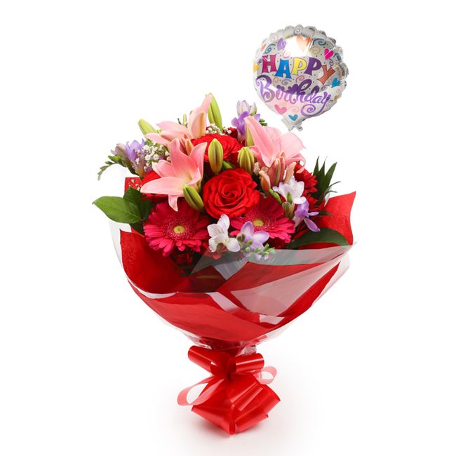 Birthday Balloon & & Pink Delight Flowers