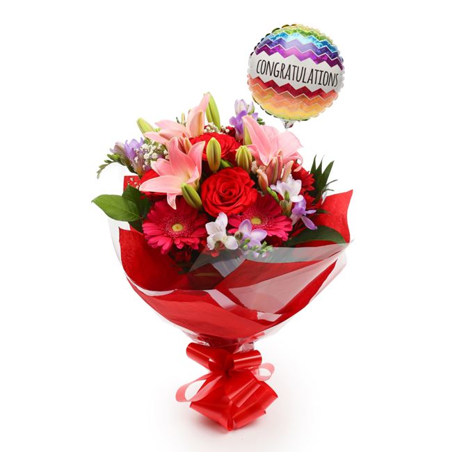 Congratulations Balloon & & Pink Delight Flowers