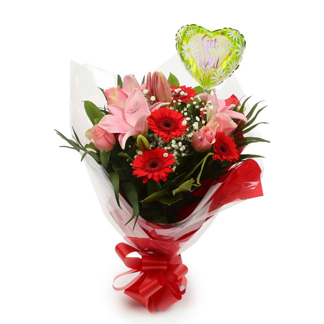 Get Well Balloon & Pink Deluxe Flowers
