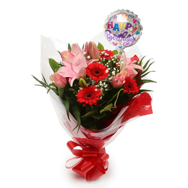 Birthday Balloon & Pink Deluxe Flowers