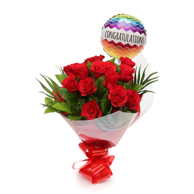Congratulations Balloon & 12 Roses