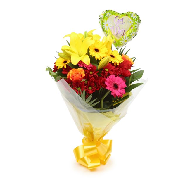 Get Well Balloon & Warm Sunset Flowers