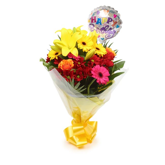 Birthday Balloon & Warm Sunset Flowers