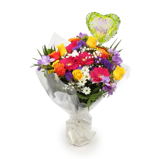 Get Well Balloon & Brilliant Blooms Flowers