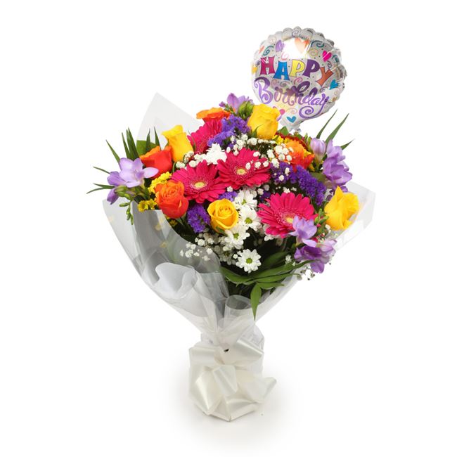 Birthday Balloon & Brilliant Blooms Bouquet Flowers