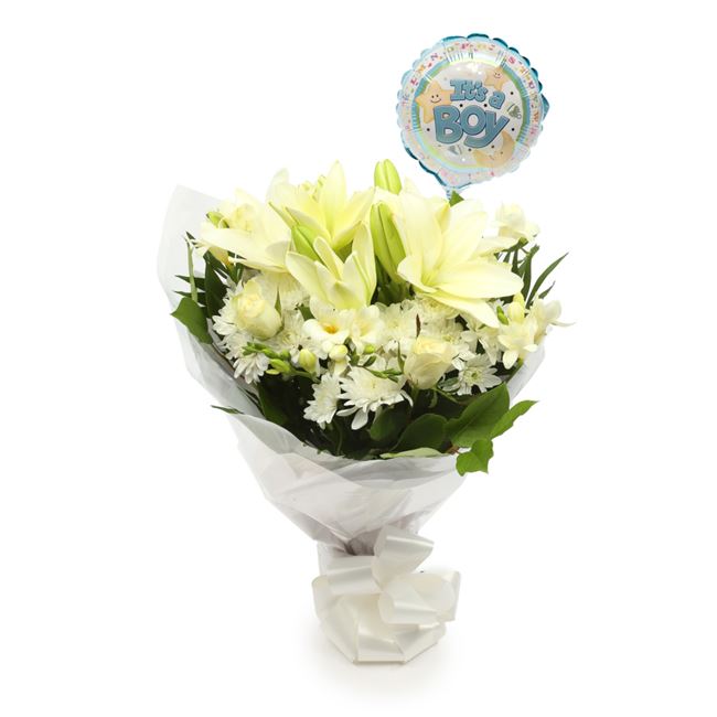 Its A Boy Balloon & White Elegance Flowers