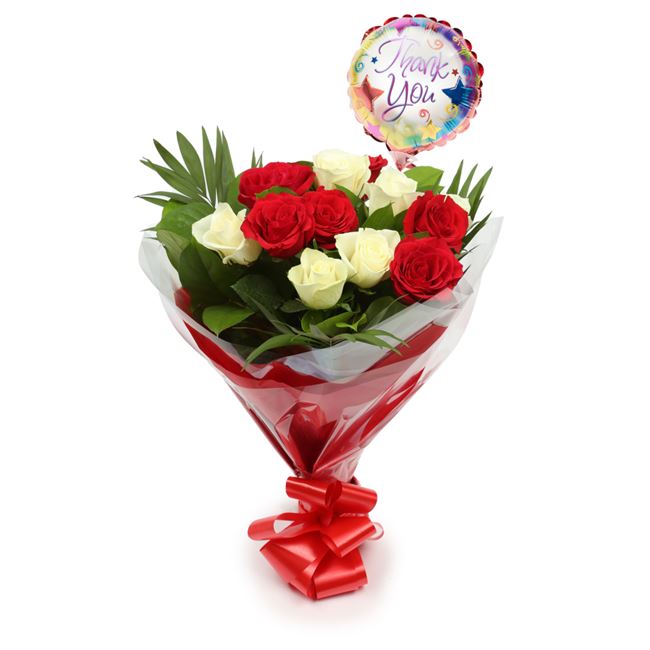 Thank You Balloon & 12 Red & Roses