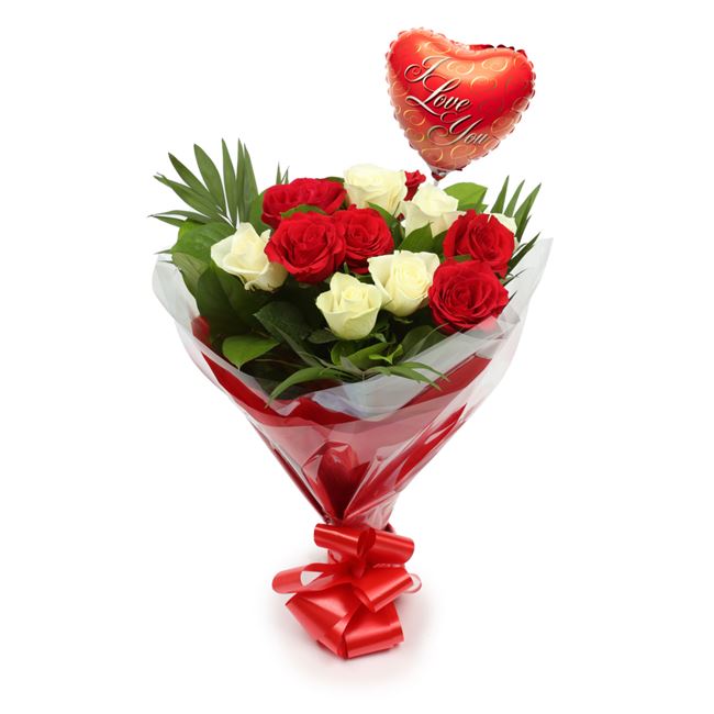 Love You Balloon & 12 Red & Roses