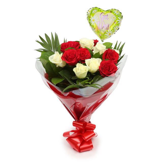 Get Well Balloon & 12 Red & Roses