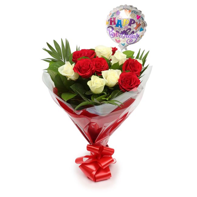 Birthday Balloon & 12 Red & Roses Flowers