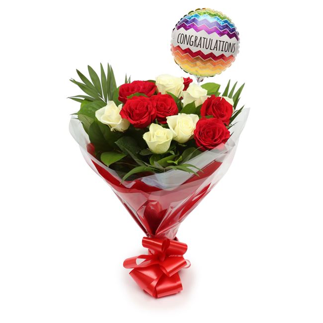 Congratulations Balloon & 12 Red & Roses