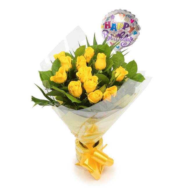 Birthday Balloon & 12 Roses Flowers