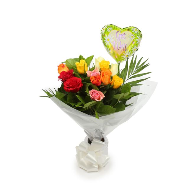 Get Well Balloon & 12 Roses