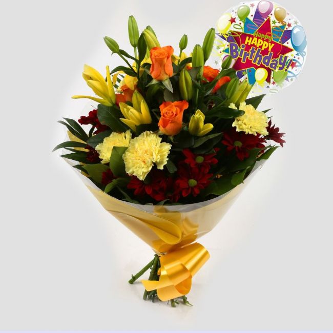 Happy Birthday Balloon & Redsunshine Flowers