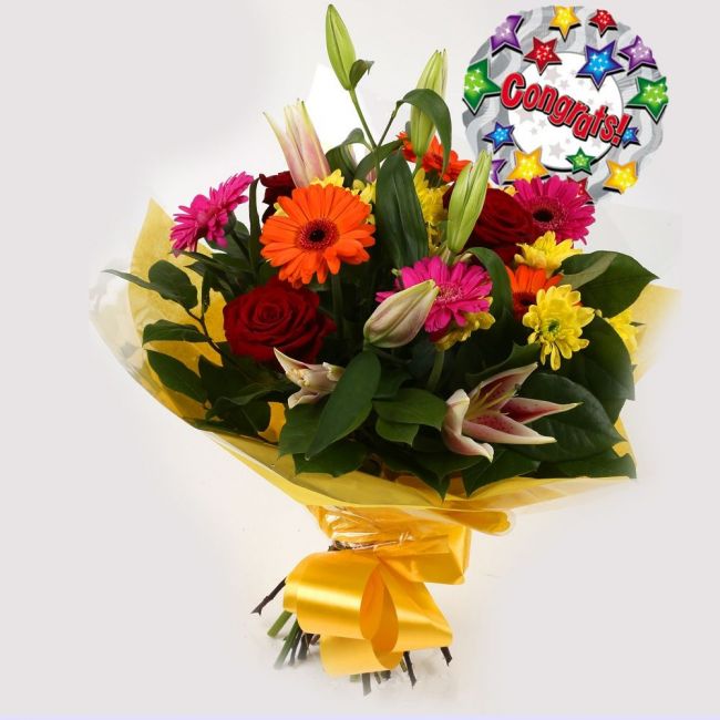 Congrats Balloon & Jubilation Bouquet Flowers