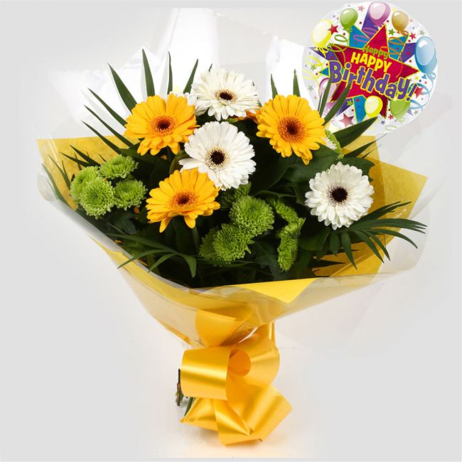 Birthday Balloon & Cream Flowers